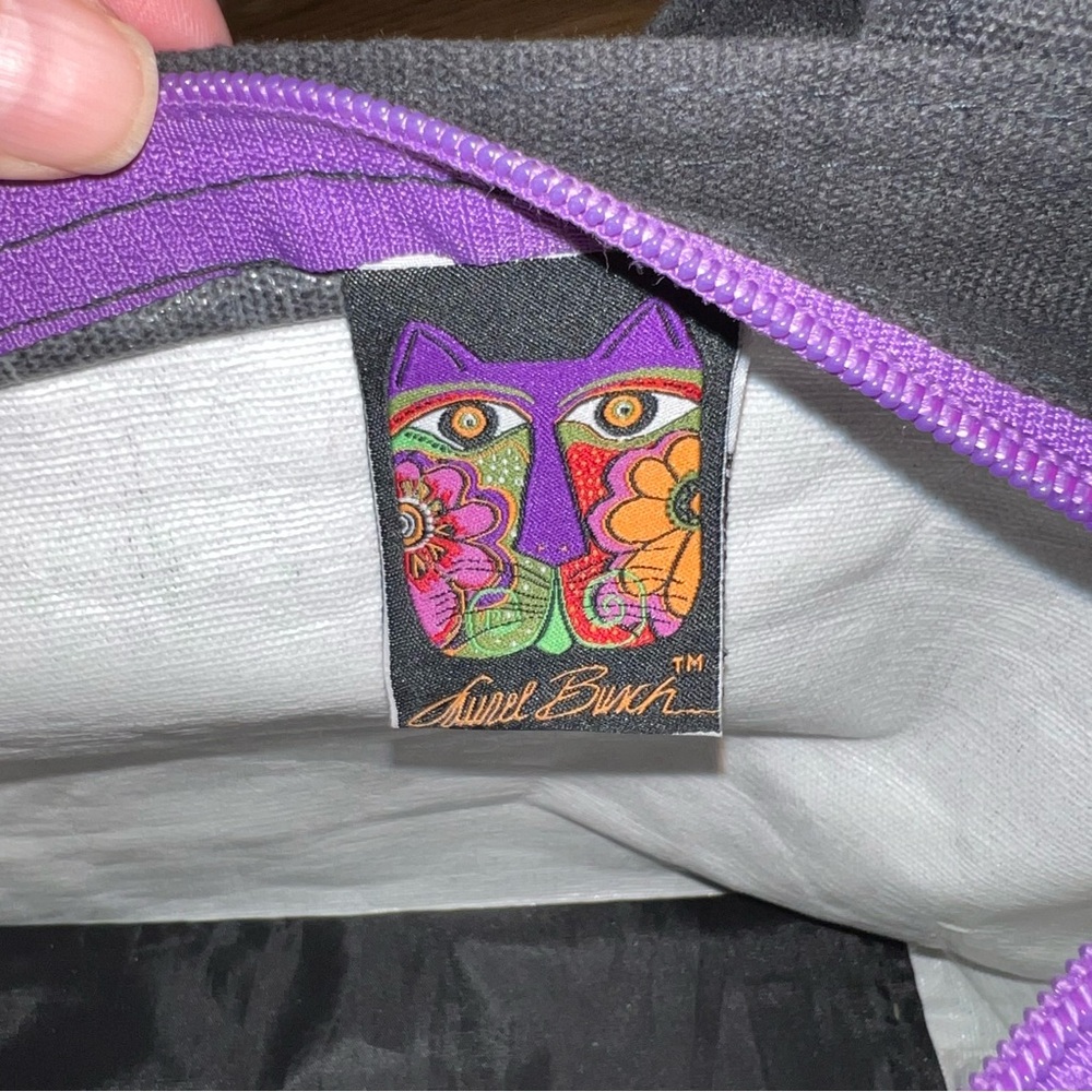 Laurel Burch printed Canvas Plastic Lined Puppies Black Bag - Picture 7 of 10